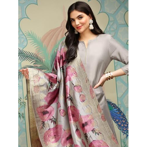 Ishin Grey Regular Silk Crepe A Line Kurta With Trousers & With Dupatta | Kurta Set For Women | Kurta With Trousers And Dupatta