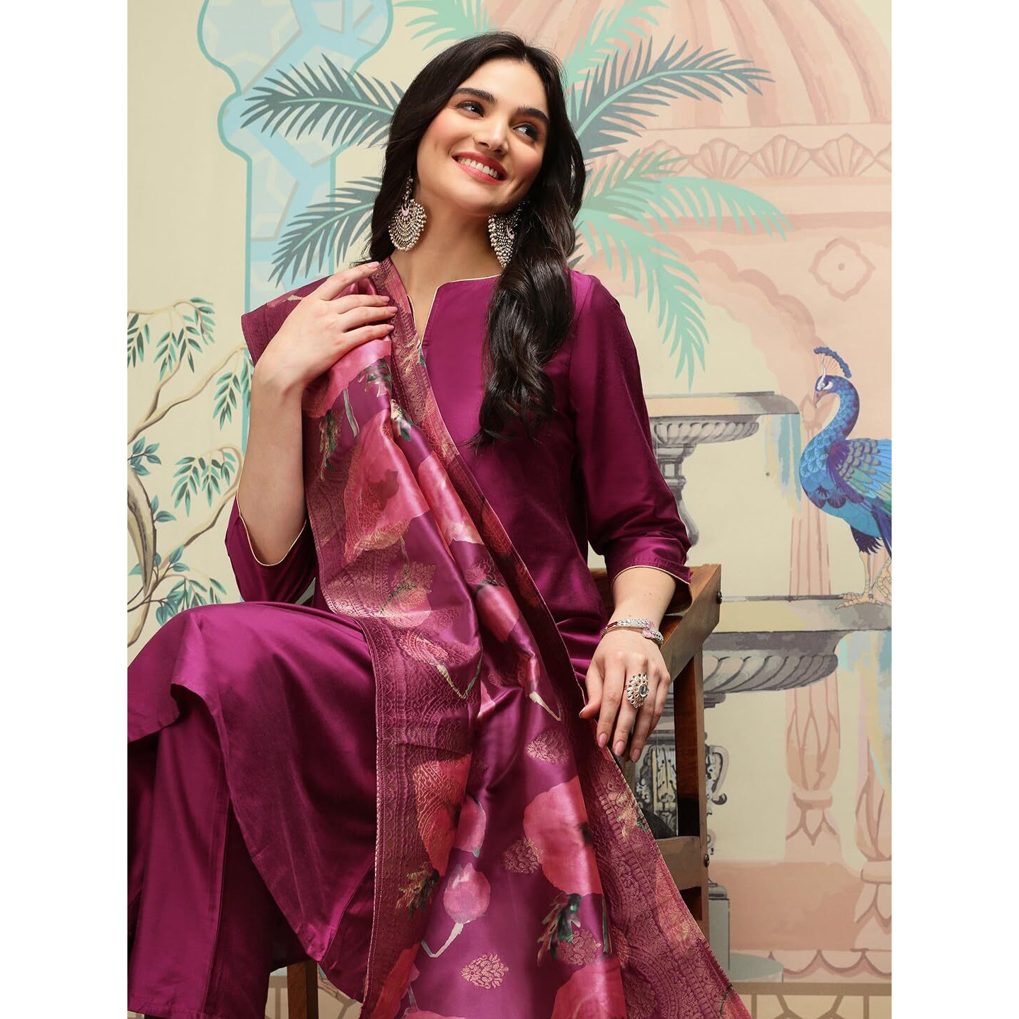 Ishin Notch Neck Silk Crepe Straight A-Line Kurta With Trousers & Dupatta | Kurta Set For Women | Kurta With Trousers And Dupatta