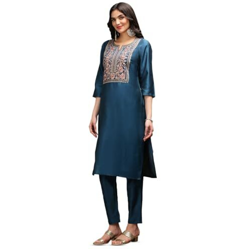 Ishin Floral Yoke Design Thread Work Silk Crepe Straight Kurta With Trousers & Dupatta | Kurta Set For Women | Kurta With Trousers And Dupatta