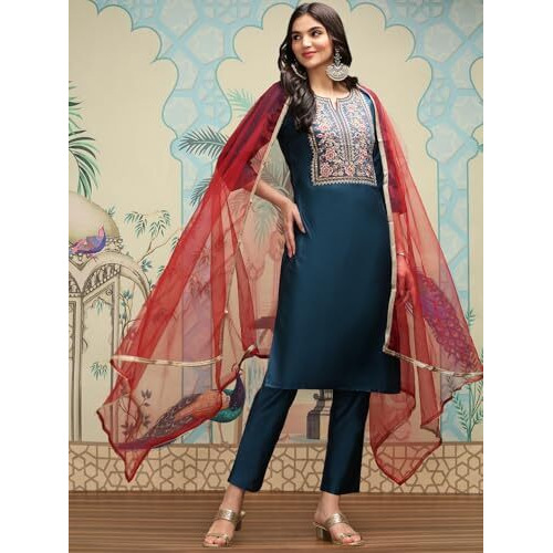 Ishin Floral Yoke Design Thread Work Silk Crepe Straight Kurta With Trousers & Dupatta | Kurta Set For Women | Kurta With Trousers And Dupatta