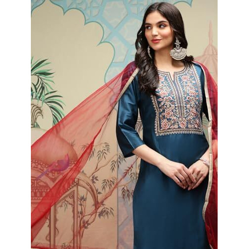 Ishin Floral Yoke Design Thread Work Silk Crepe Straight Kurta With Trousers & Dupatta | Kurta Set For Women | Kurta With Trousers And Dupatta