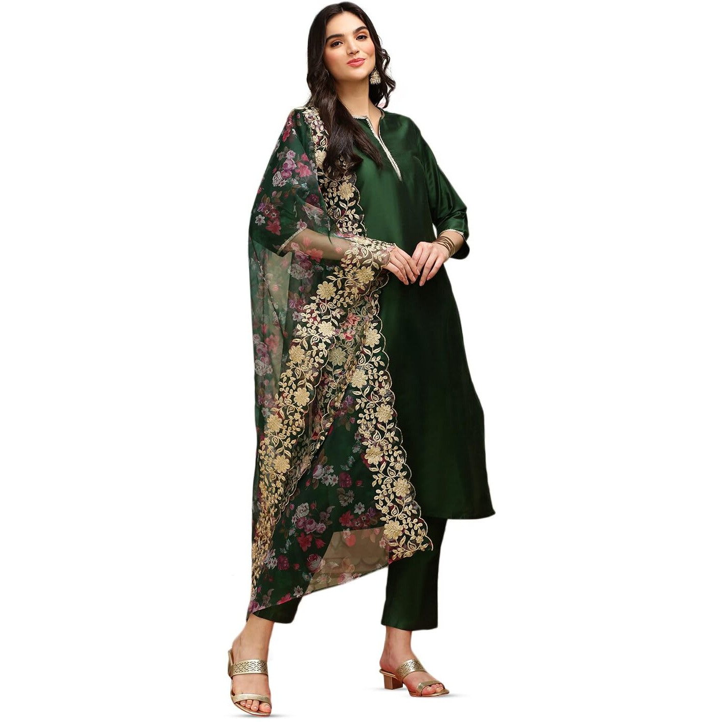 Ishin Green Thread Work Silk Crepe Straight Kurta With Trousers & Dupatta | Kurta Set For Women | Kurta With Trousers And Dupatta