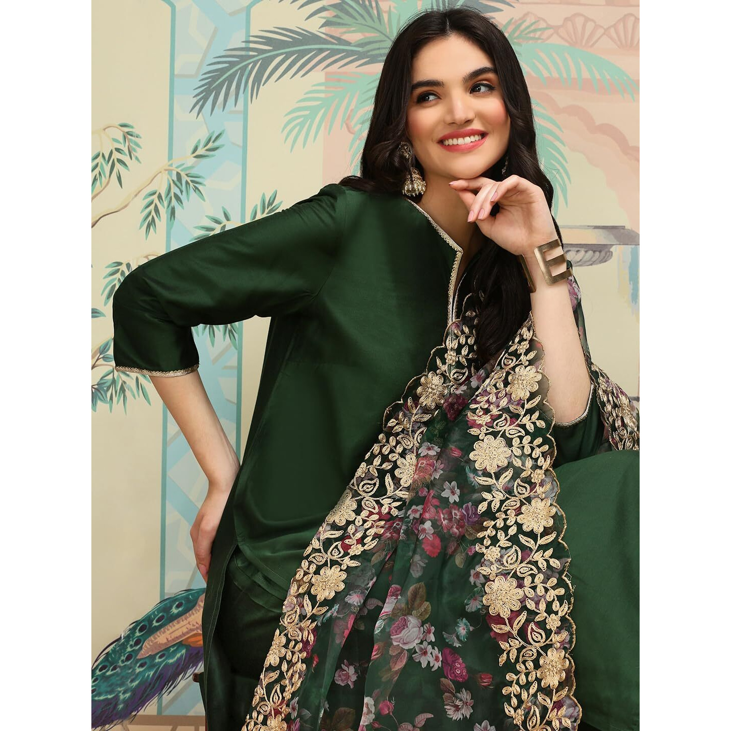 Ishin Green Thread Work Silk Crepe Straight Kurta With Trousers & Dupatta | Kurta Set For Women | Kurta With Trousers And Dupatta