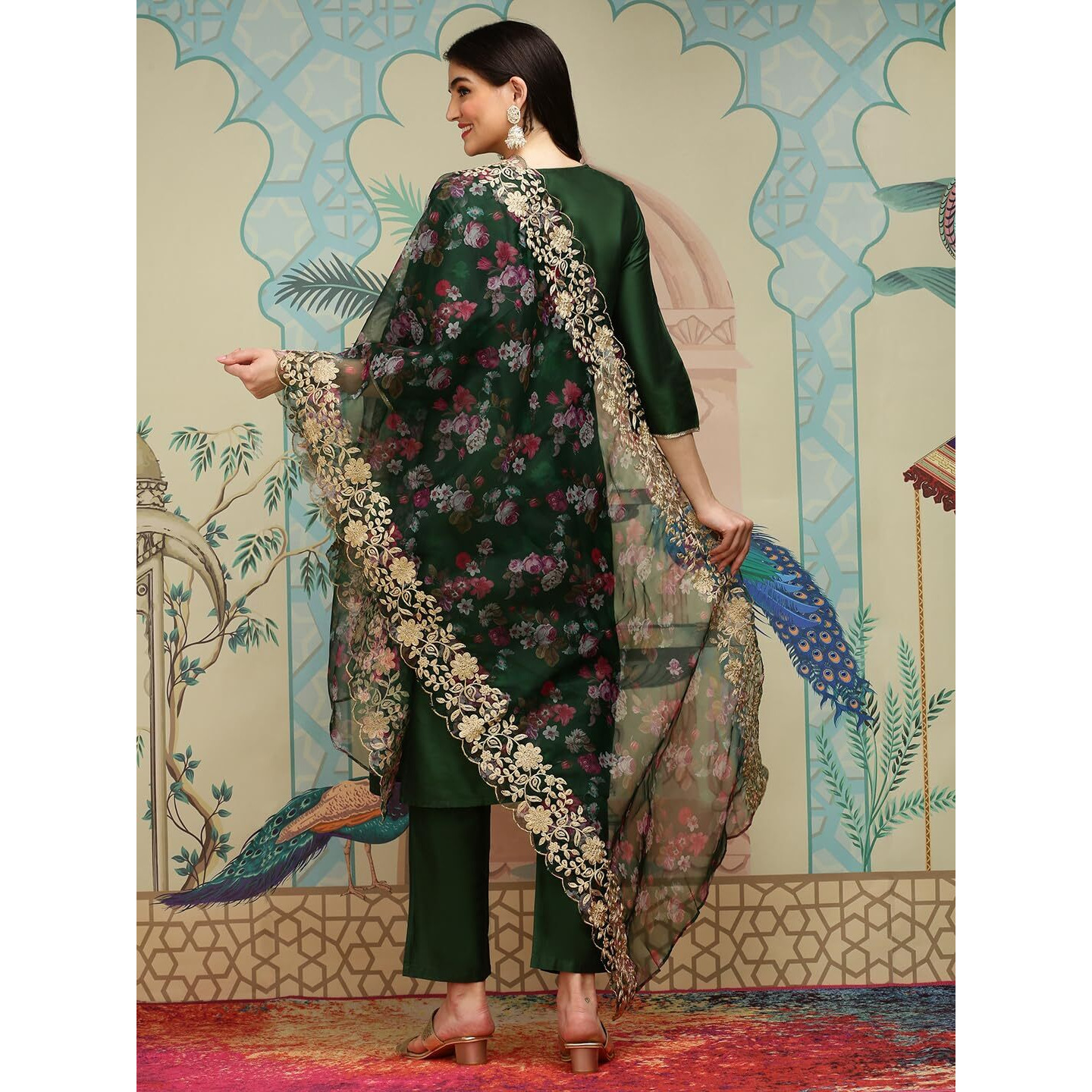 Ishin Green Thread Work Silk Crepe Straight Kurta With Trousers & Dupatta | Kurta Set For Women | Kurta With Trousers And Dupatta