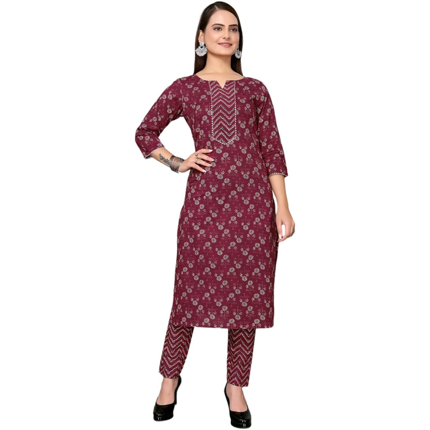 Rangita Maroon Cotton Printed Straight Kurta With Pant | Kurta Set For Women_3Xl