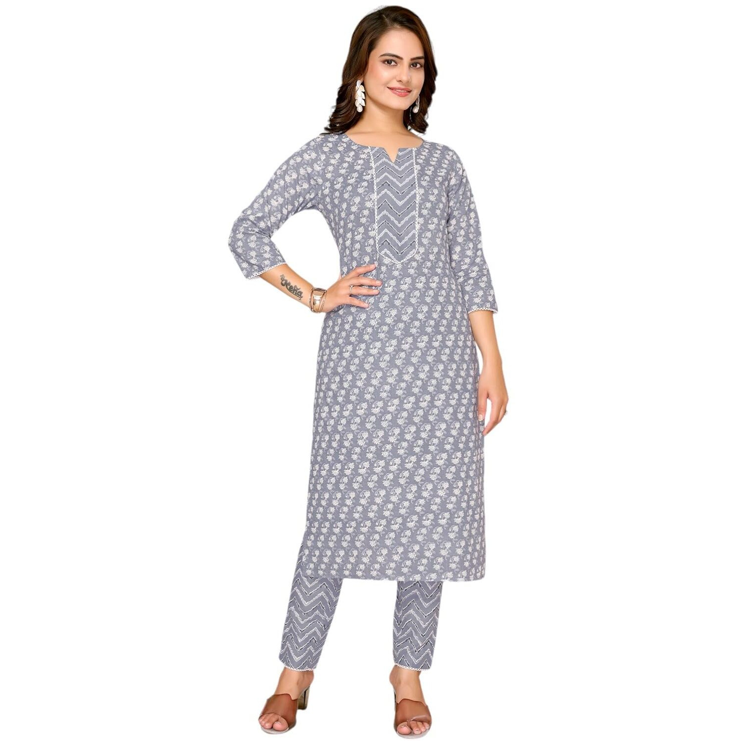 Rangita Light Grey Cotton Printed Straight Kurta With Pant | Kurta Set For Women_M