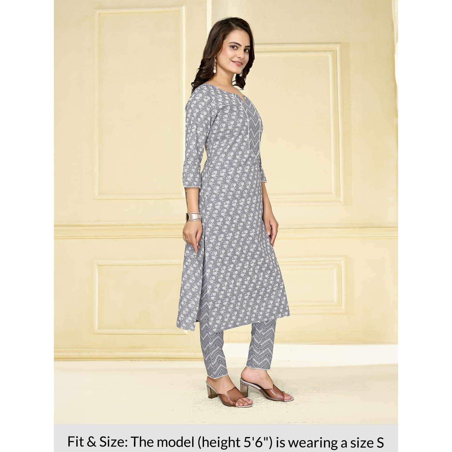 Rangita Light Grey Cotton Printed Straight Kurta With Pant | Kurta Set For Women_M