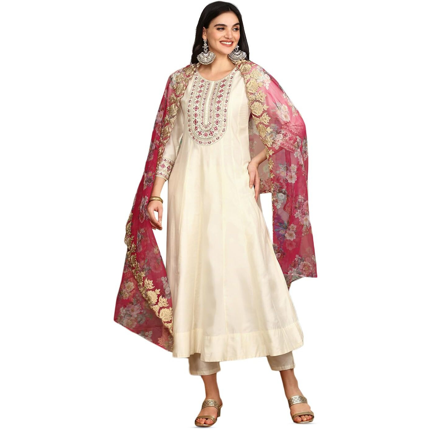 Ishin White Floral Embroidered Thread Work Straight Kurta With Trousers & Dupatta | Kurta Set For Women | Kurta With Trousers And Dupatta
