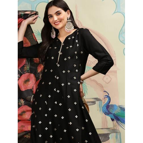 Ishin Geometric Embroidered Sequinned Silk Crepe A- Line Kurta With Trousers & Dupatta | Kurta Set For Women | Kurta With Trousers And Dupatta
