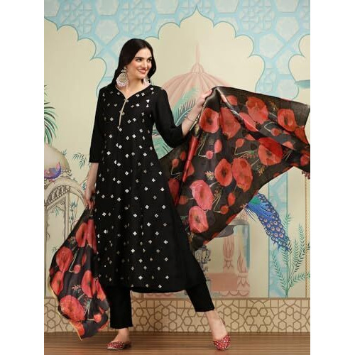 Ishin Geometric Embroidered Sequinned Silk Crepe A- Line Kurta With Trousers & Dupatta | Kurta Set For Women | Kurta With Trousers And Dupatta