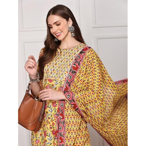Ishin Women Floral Printed Regular Kurta With Trousers & With Dupatta | Kurta Set For Women | Kurta With Trousers And Dupatta