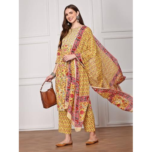 Ishin Women Floral Printed Regular Kurta With Trousers & With Dupatta | Kurta Set For Women | Kurta With Trousers And Dupatta