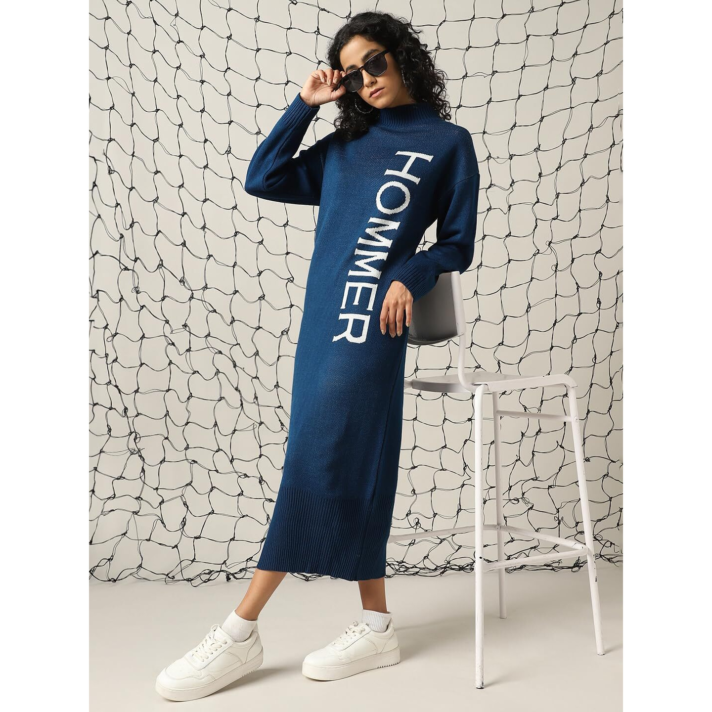 Hubberholme Women Acrylic Knitted Loose Fit Turtle Neck Full Sleeves Bodycon Dresses Navy