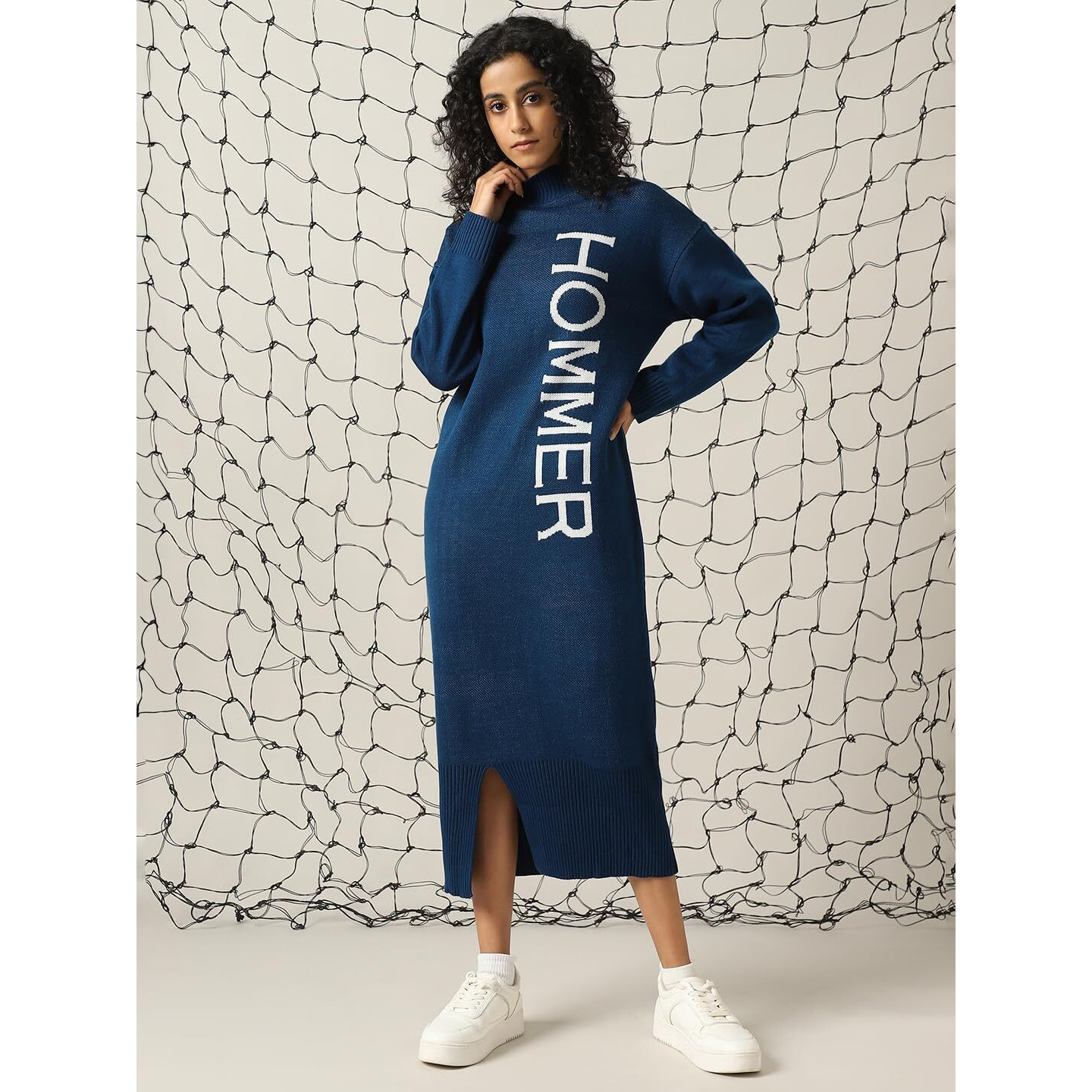 Hubberholme Women Acrylic Knitted Loose Fit Turtle Neck Full Sleeves Bodycon Dresses Navy