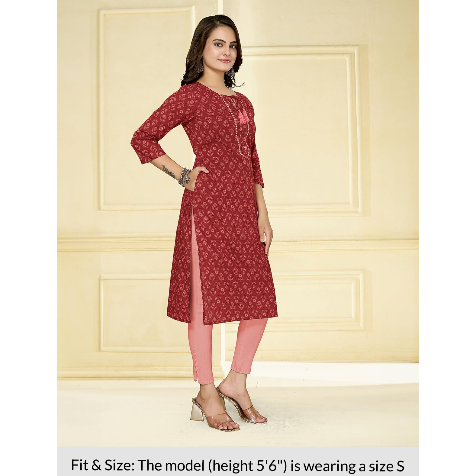 Rangita Red Cotton Knee Length Embroidered Straight Kurti For Women | Kurta For Women_M
