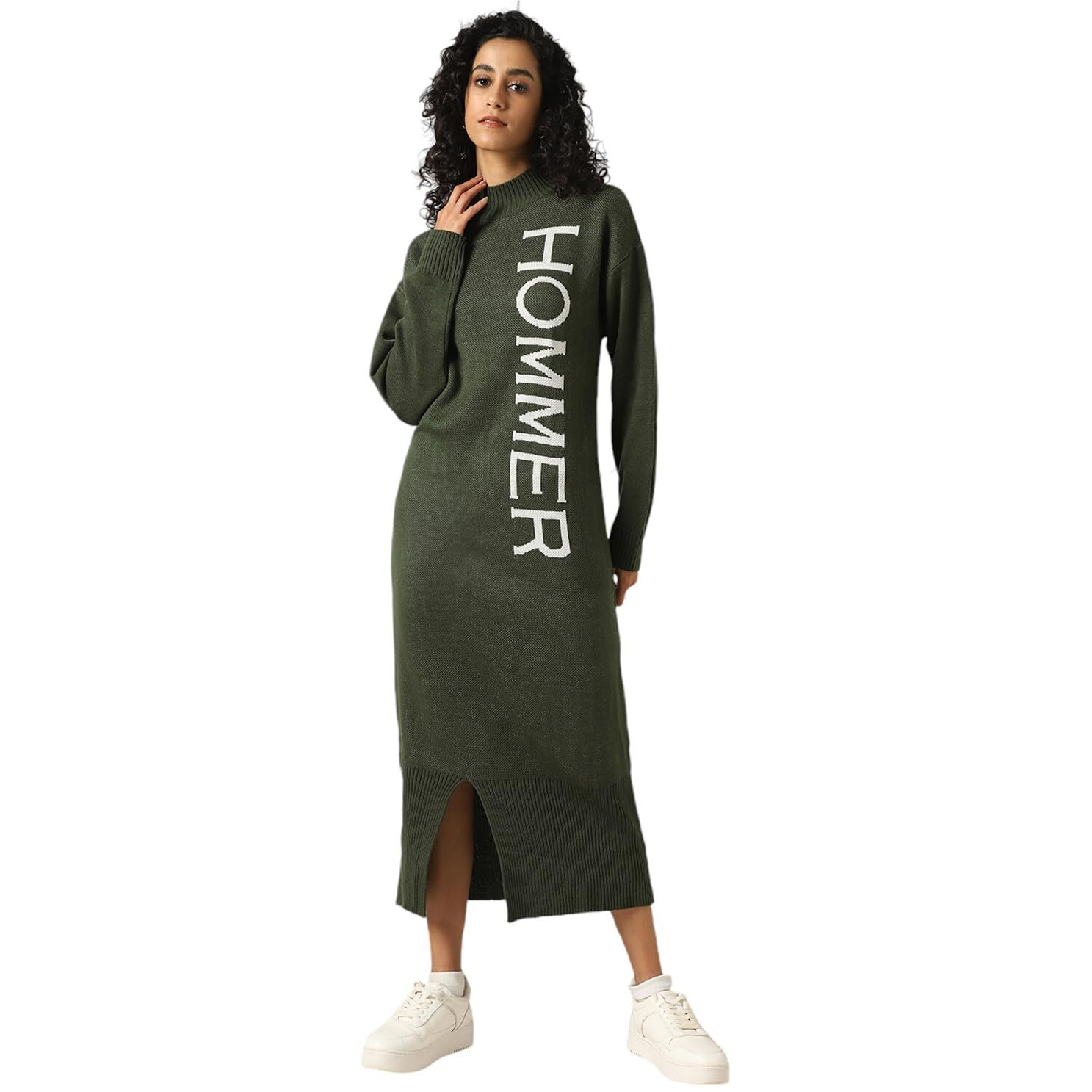 Hubberholme Women Acrylic Knitted Loose Fit High Neck Full Sleeves Bodycon Dresses Olive