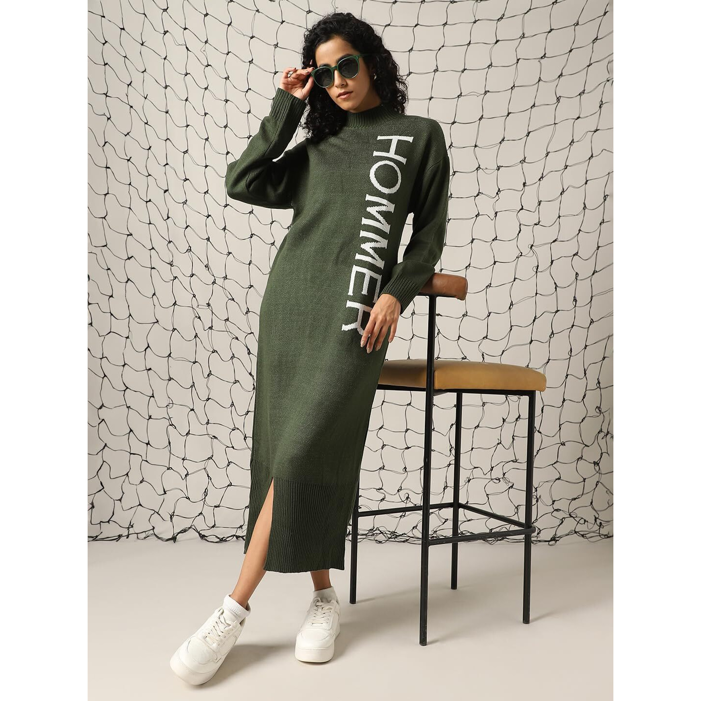 Hubberholme Women Acrylic Knitted Loose Fit High Neck Full Sleeves Bodycon Dresses Olive