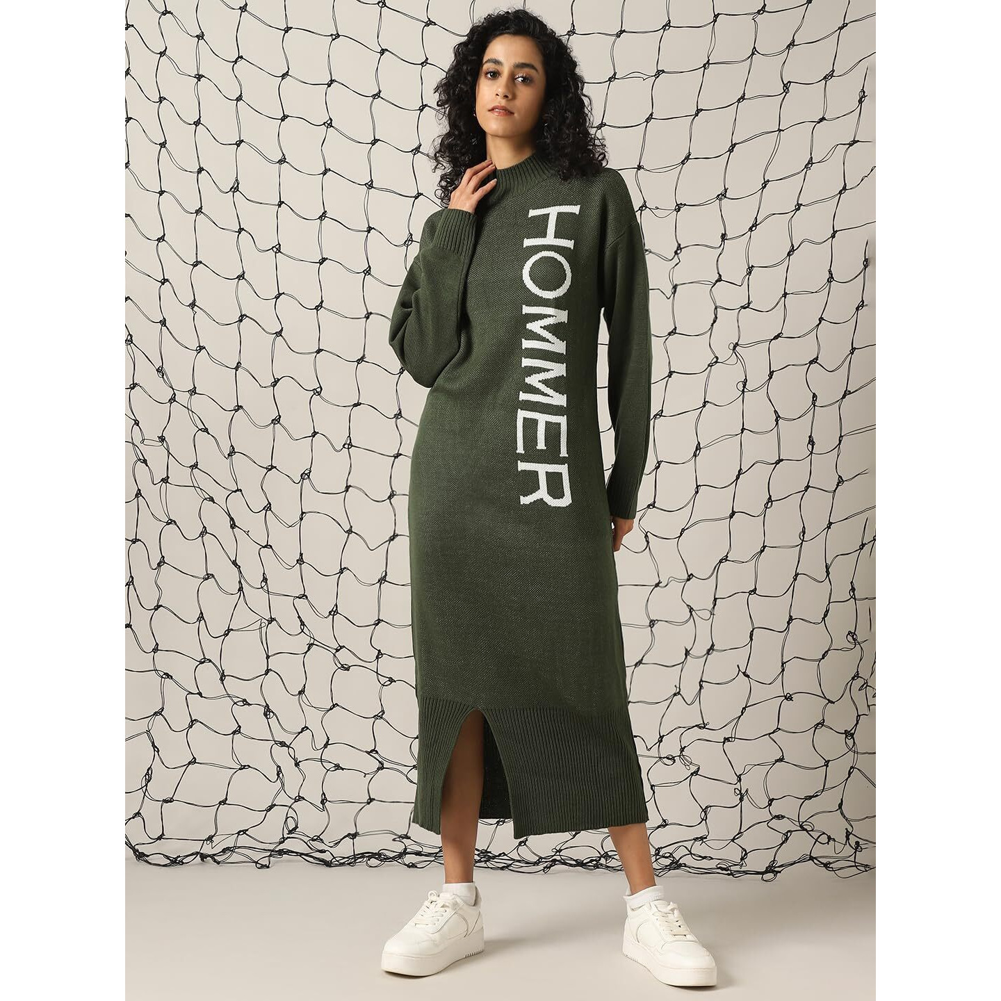 Hubberholme Women Acrylic Knitted Loose Fit High Neck Full Sleeves Bodycon Dresses Olive