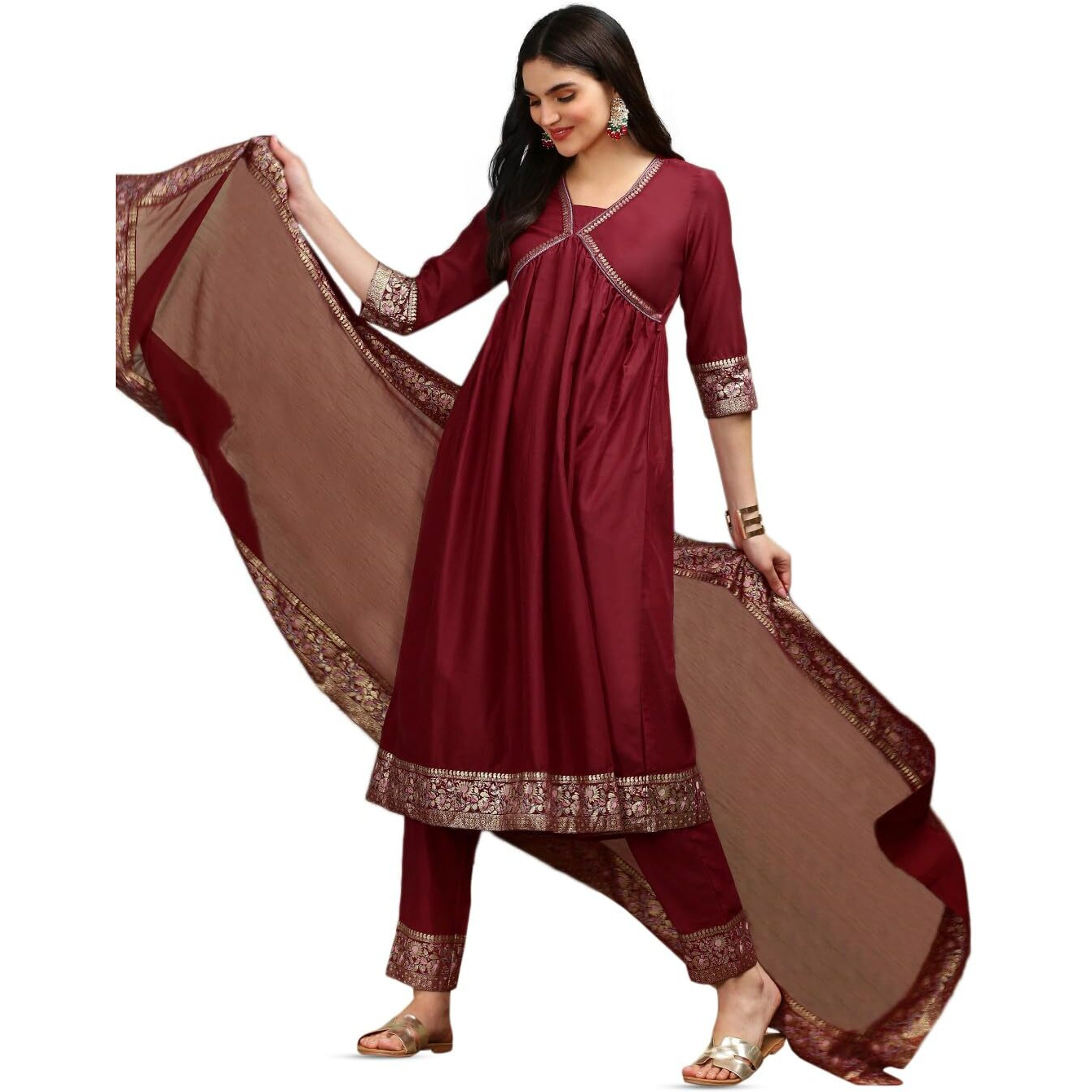 Ishin Ethnic Motifs Yoke Design V-Neck Thread Work A-Line Kurta With Trousers | Kurta Set For Women | Kurta With Trousers And Dupatta