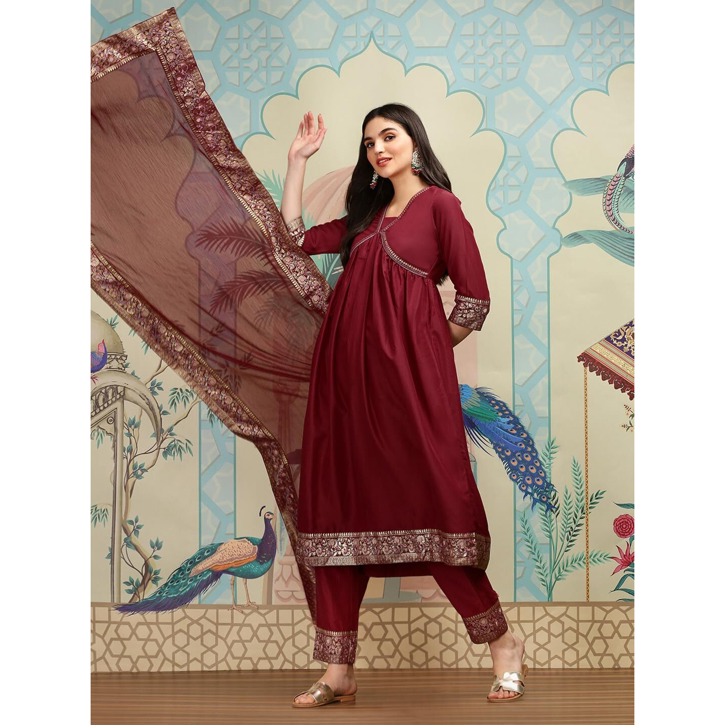 Ishin Ethnic Motifs Yoke Design V-Neck Thread Work A-Line Kurta With Trousers | Kurta Set For Women | Kurta With Trousers And Dupatta