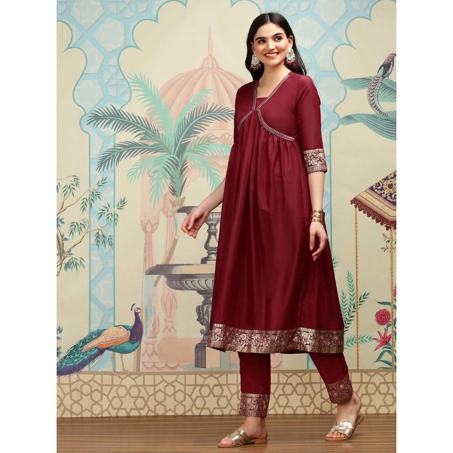 Ishin Ethnic Motifs Yoke Design V-Neck Thread Work A-Line Kurta With Trousers | Kurta Set For Women | Kurta With Trousers And Dupatta