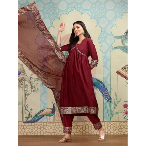 Ishin Ethnic Motifs Yoke Design V-Neck Thread Work A-Line Kurta With Trousers | Kurta Set For Women | Kurta With Trousers And Dupatta