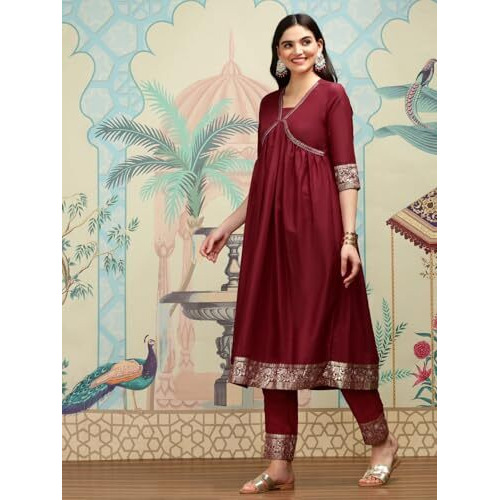 Ishin Ethnic Motifs Yoke Design V-Neck Thread Work A-Line Kurta With Trousers | Kurta Set For Women | Kurta With Trousers And Dupatta