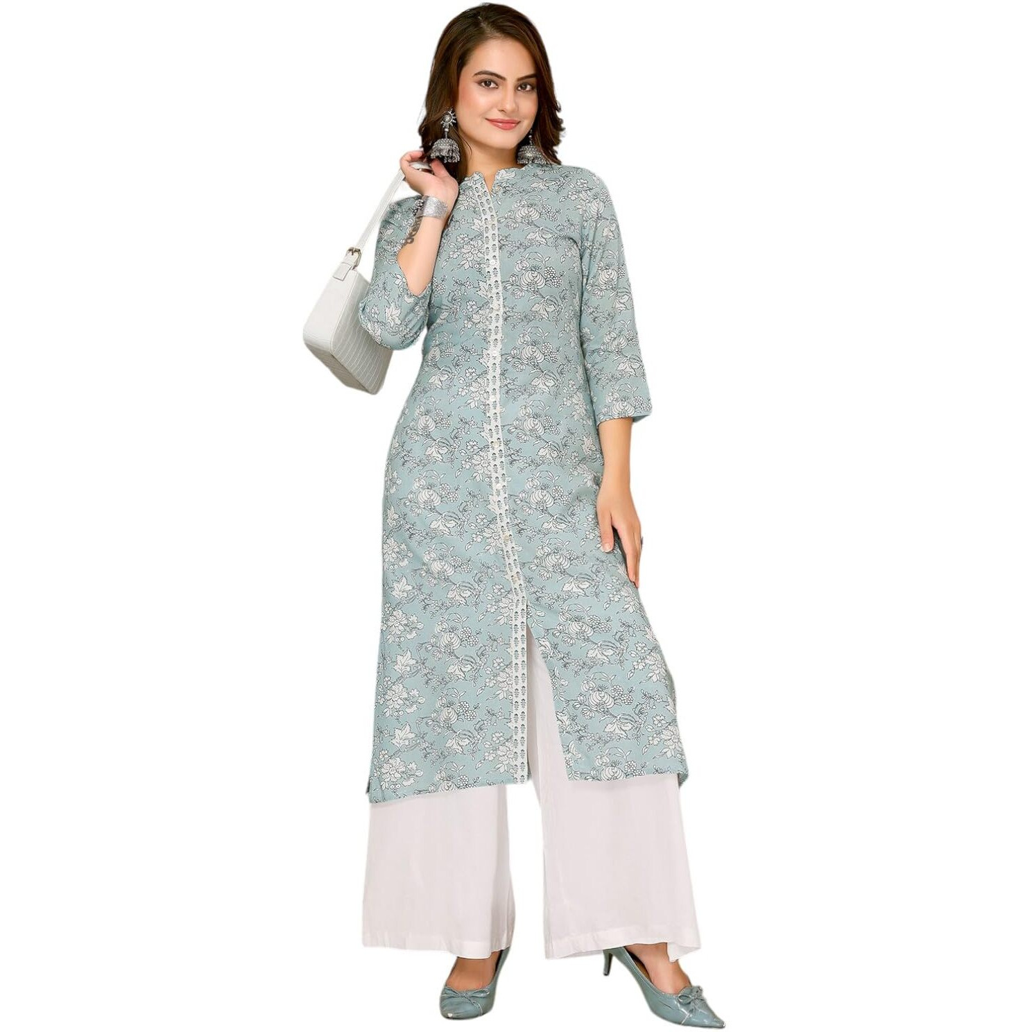 Rangita Light Blue Rayon Calf Length Printed Front Slit Kurti For Women | Kurta For Women_M