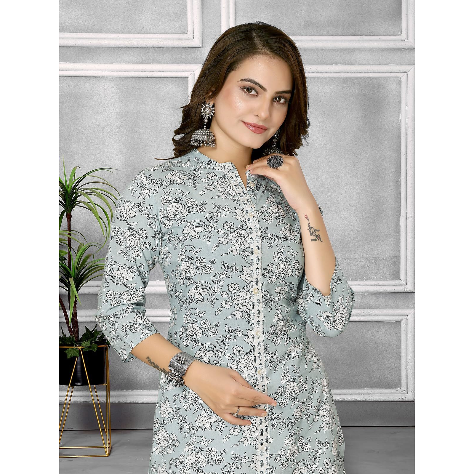 Rangita Light Blue Rayon Calf Length Printed Front Slit Kurti For Women | Kurta For Women_M