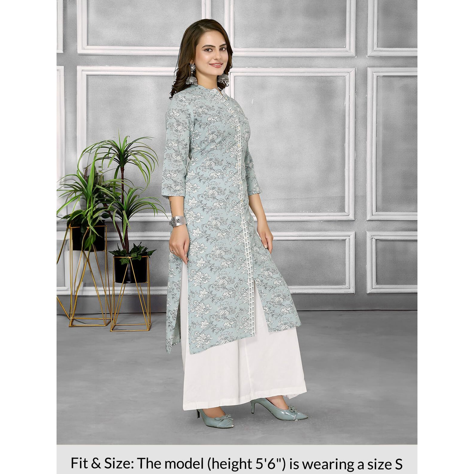 Rangita Light Blue Rayon Calf Length Printed Front Slit Kurti For Women | Kurta For Women_M