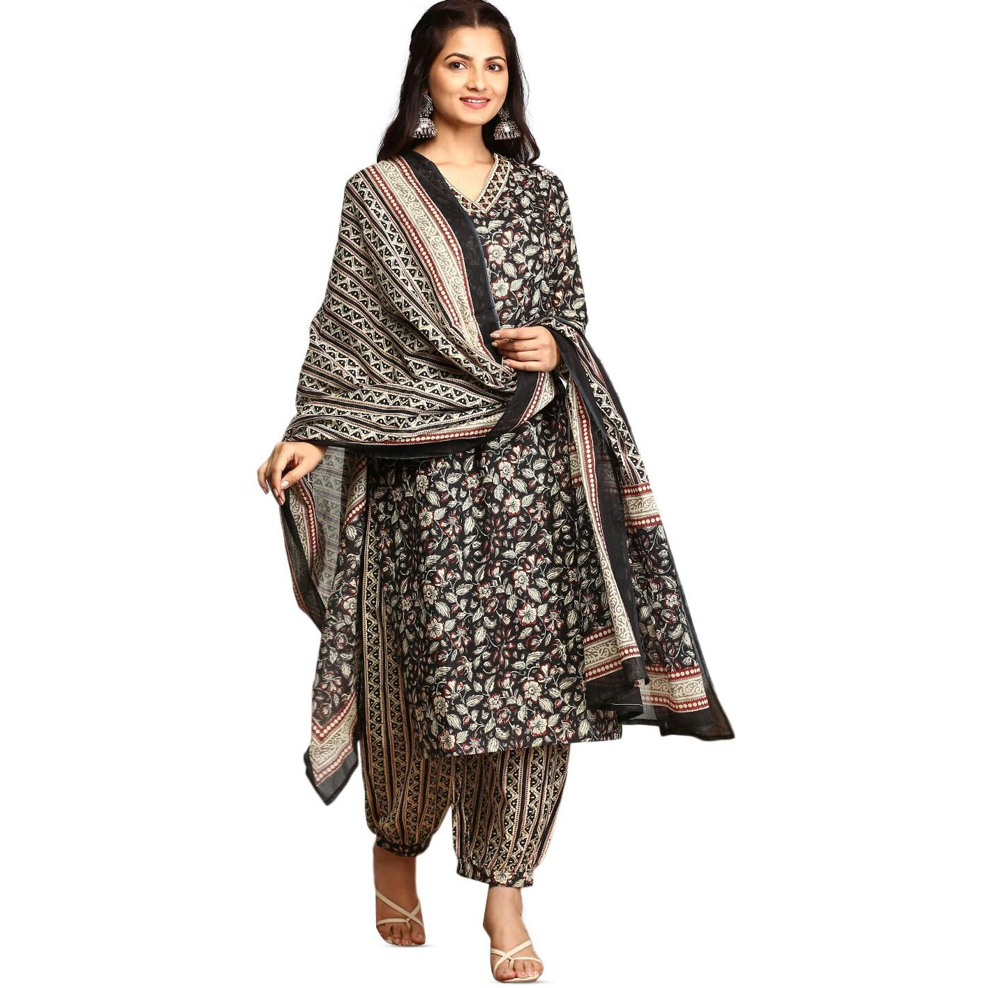 Ishin Kalamkari Embellished Cotton Kurta With Afghani Pants & Flowy Mulmul Dupatta | Kurta Set For Women | Kurta With Trousers And Dupatta