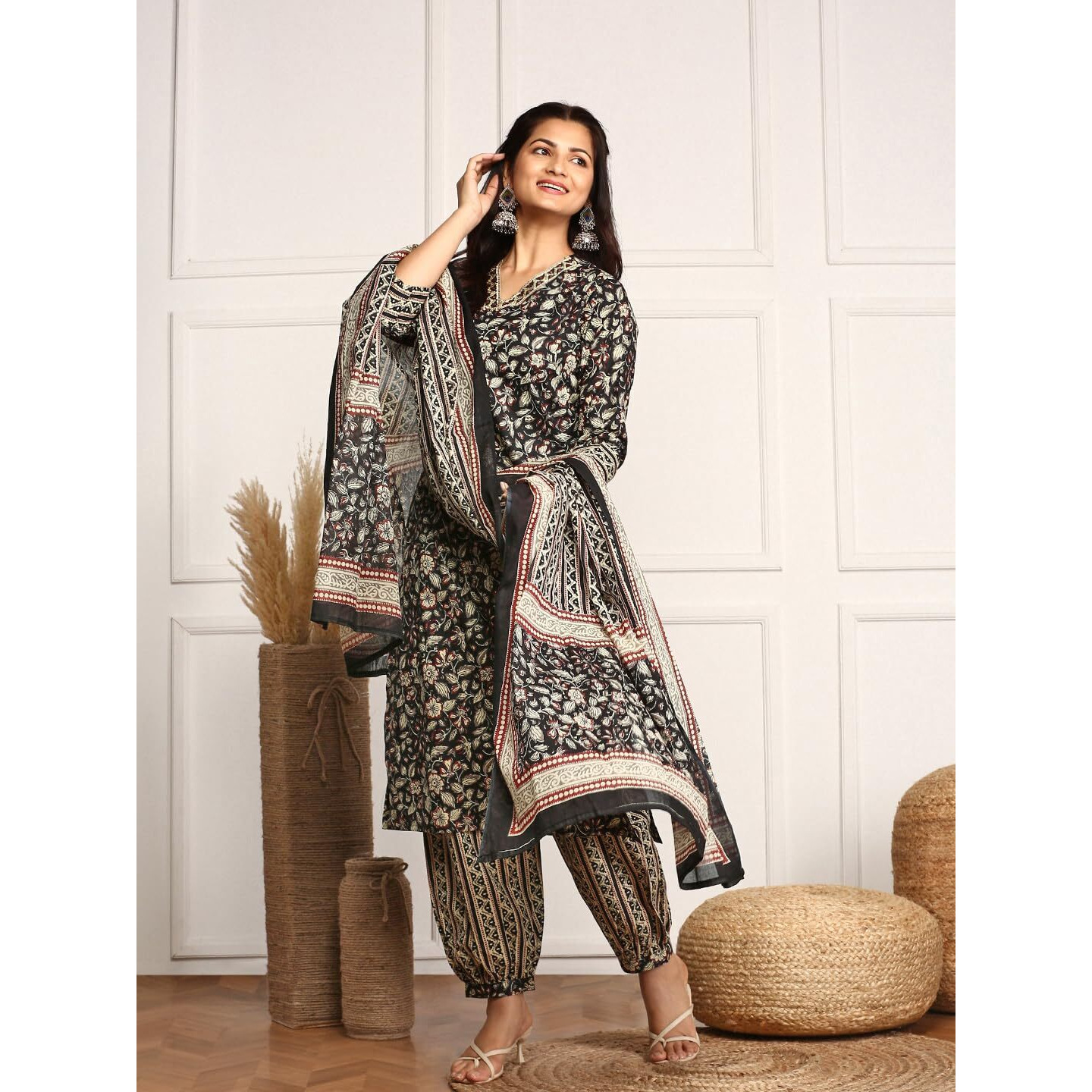 Ishin Kalamkari Embellished Cotton Kurta With Afghani Pants & Flowy Mulmul Dupatta | Kurta Set For Women | Kurta With Trousers And Dupatta