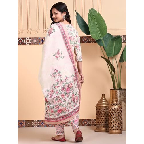 Ishin Floral Printed V-Neck Pure Cotton Kurta With Trousers & Dupatta | Kurta Set For Women | Kurta With Trousers And Dupatta