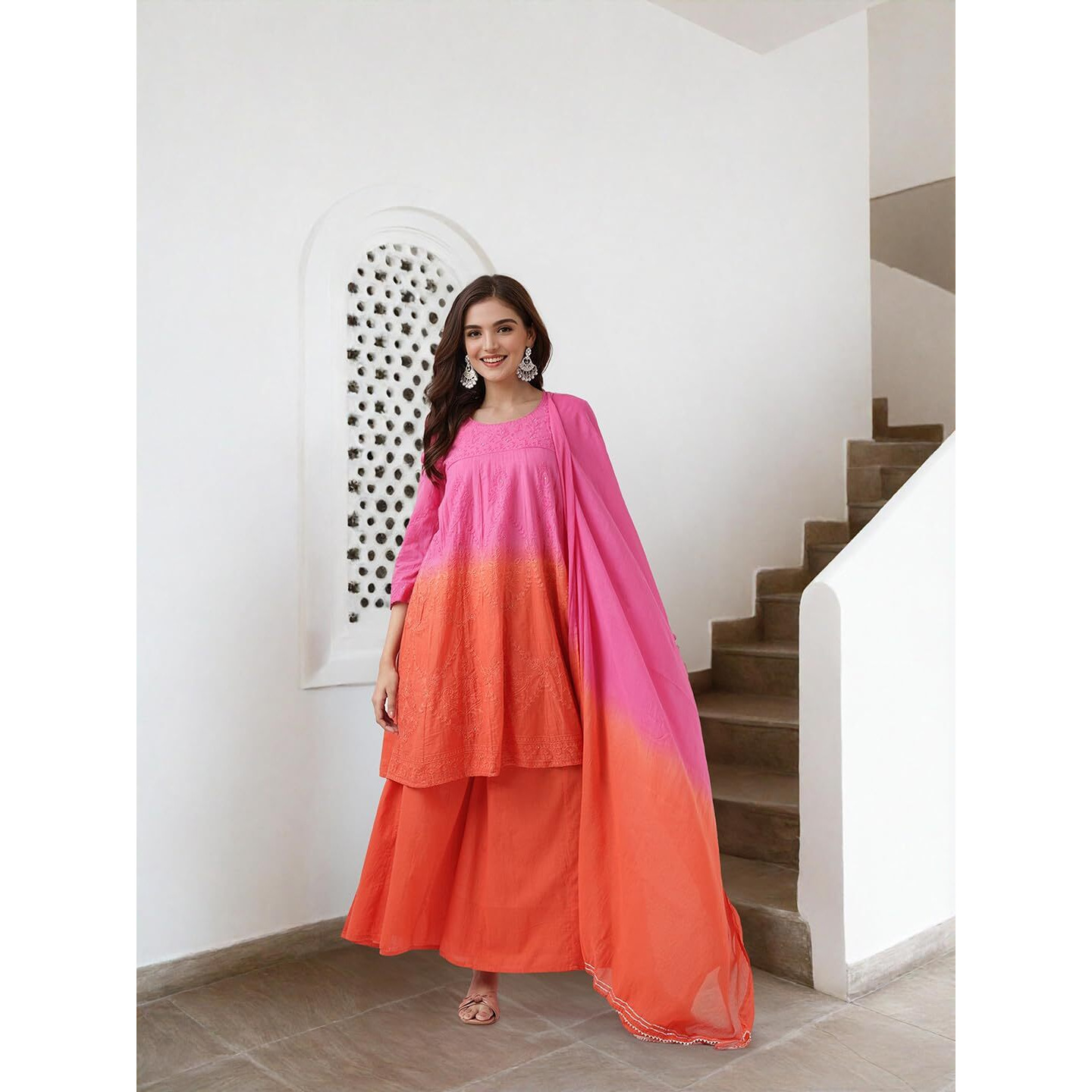 Ishin Ombre Dyed Threadwork Kurta With Pants And Dupatta