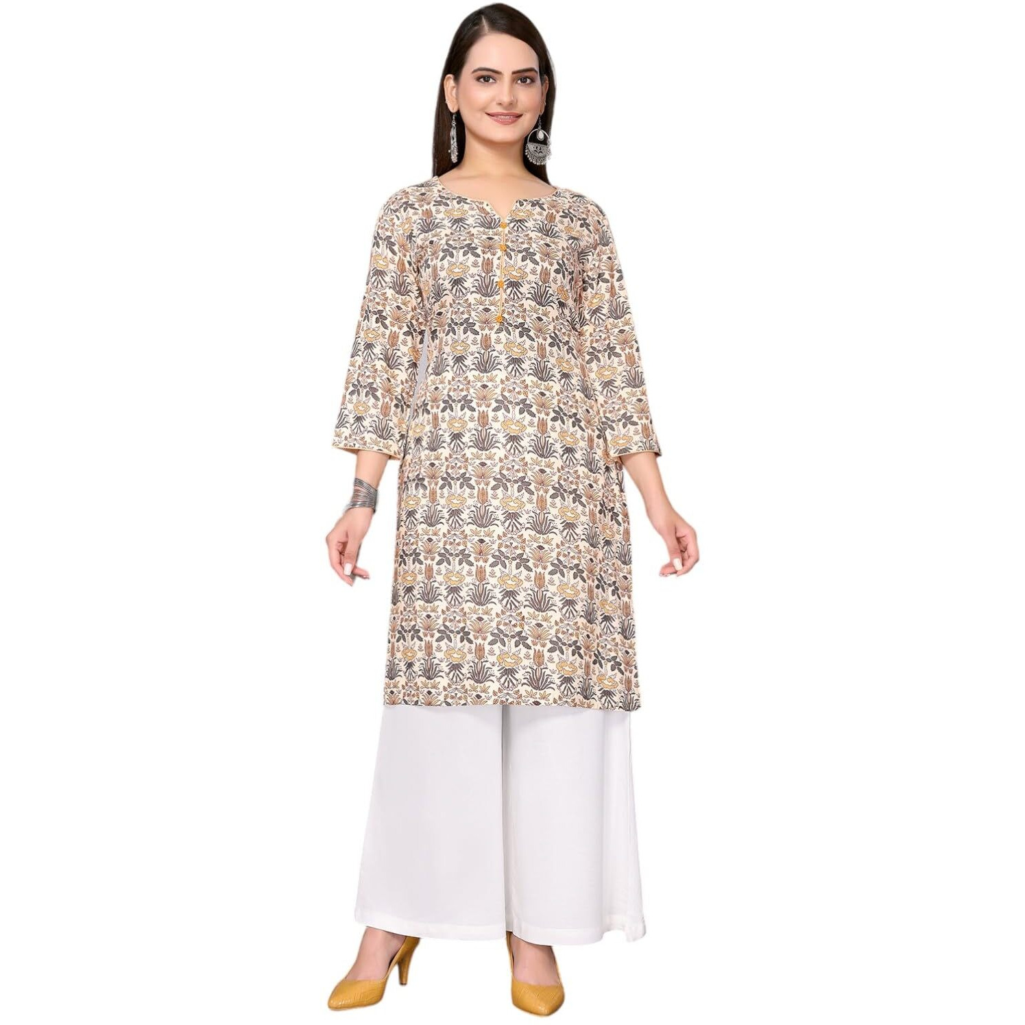 Rangita Cream Rayon Knee Length Printed Straight Kurti For Women | Kurta For Women_S