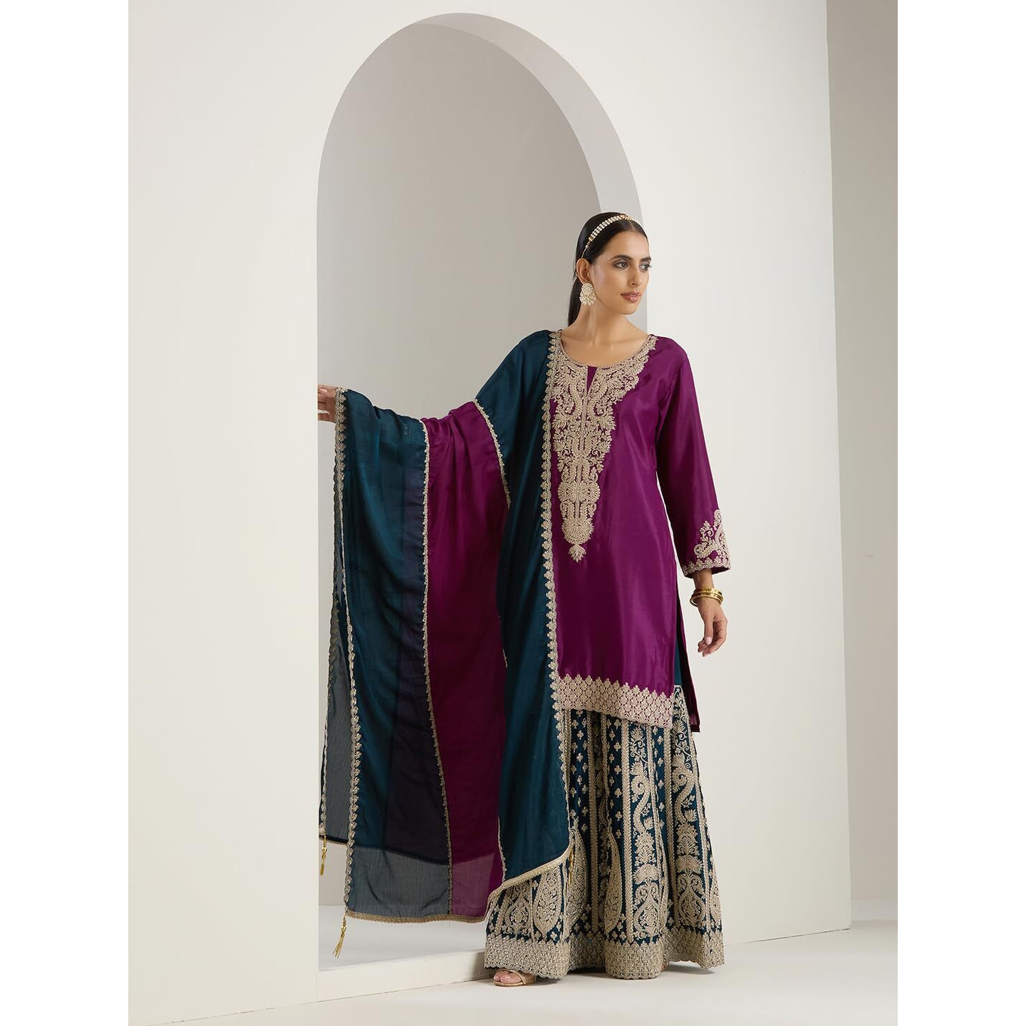 Ishin Gold Zari Embroidered Short Kurta With Embroidered Sharara And Dupatta