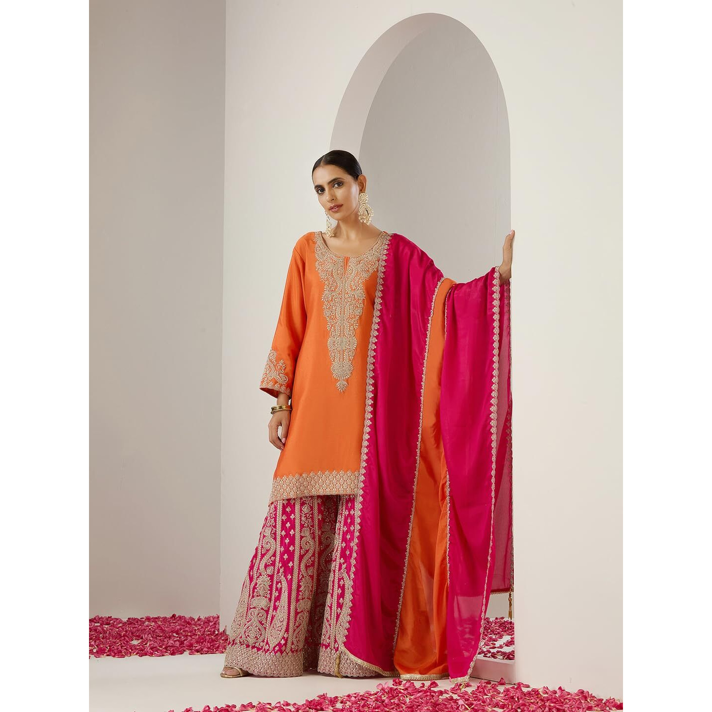Ishin Gold Zari Embroidered Short Kurta With Embroidered Sharara And Dupatta