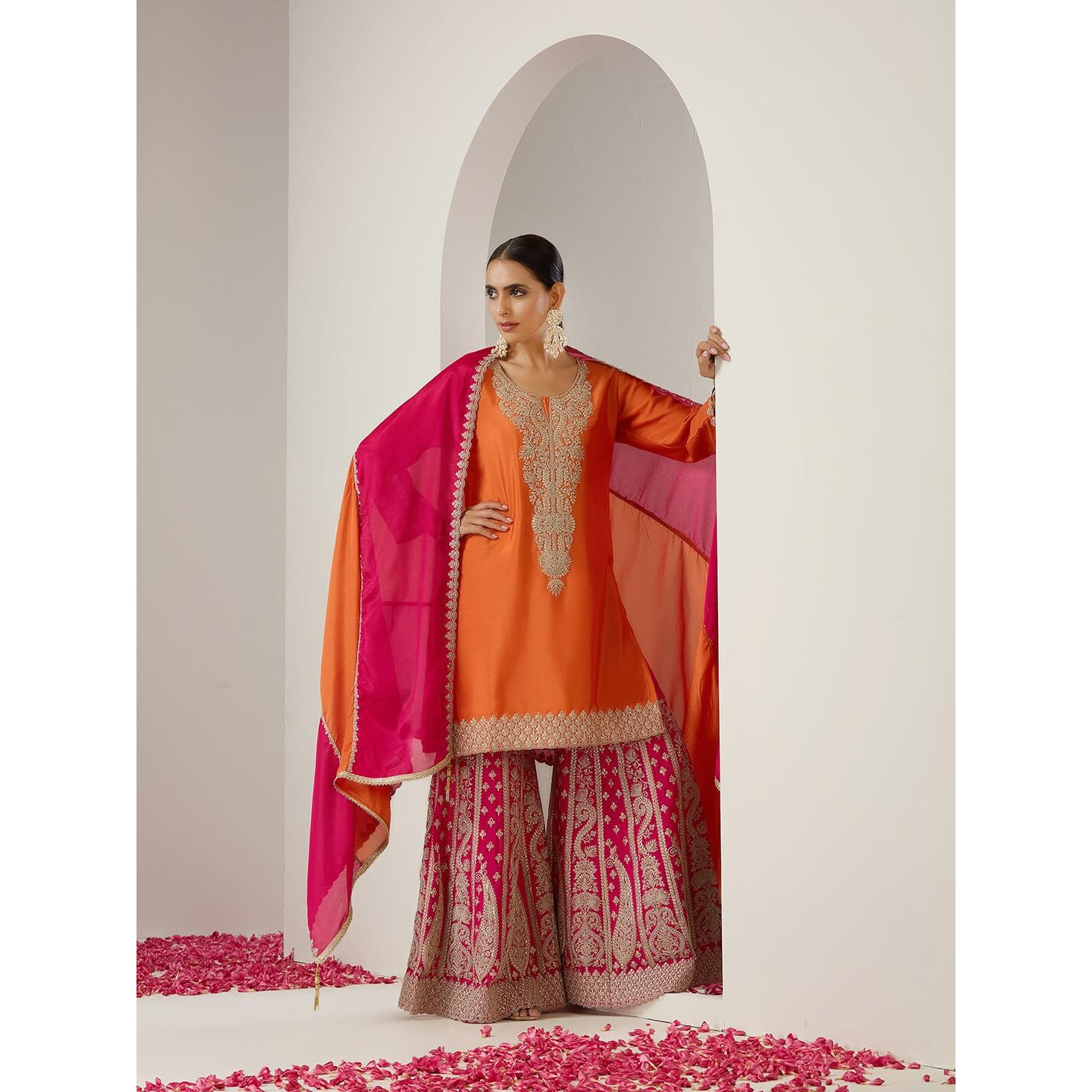 Ishin Gold Zari Embroidered Short Kurta With Embroidered Sharara And Dupatta