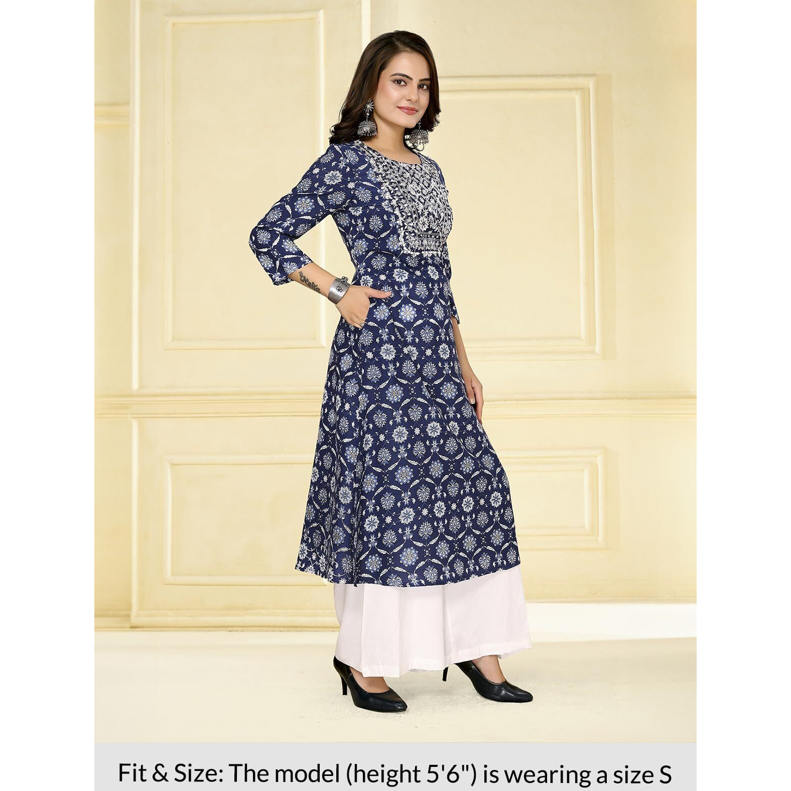 Rangita Blue Rayon Calf Length Embroidered A-Line Kurti For Women | Kurta For Women_M