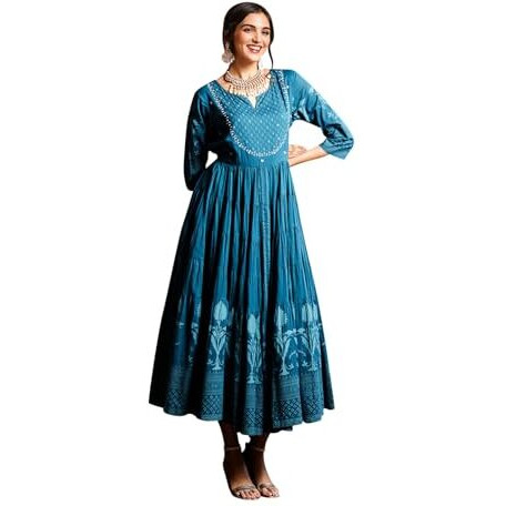 Ishin Teal Floral Printed Embellished Anarkali Dress With Tie-Up