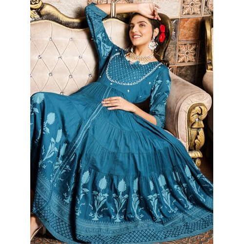 Ishin Teal Floral Printed Embellished Anarkali Dress With Tie-Up