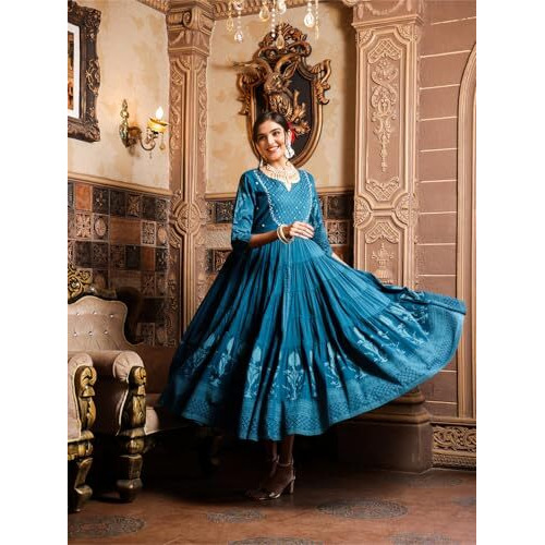 Ishin Teal Floral Printed Embellished Anarkali Dress With Tie-Up