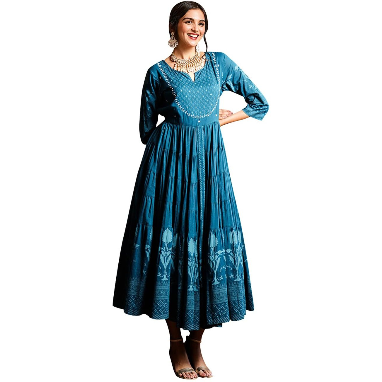 Ishin Teal Floral Printed Embellished Anarkali Dress With Tie-Up