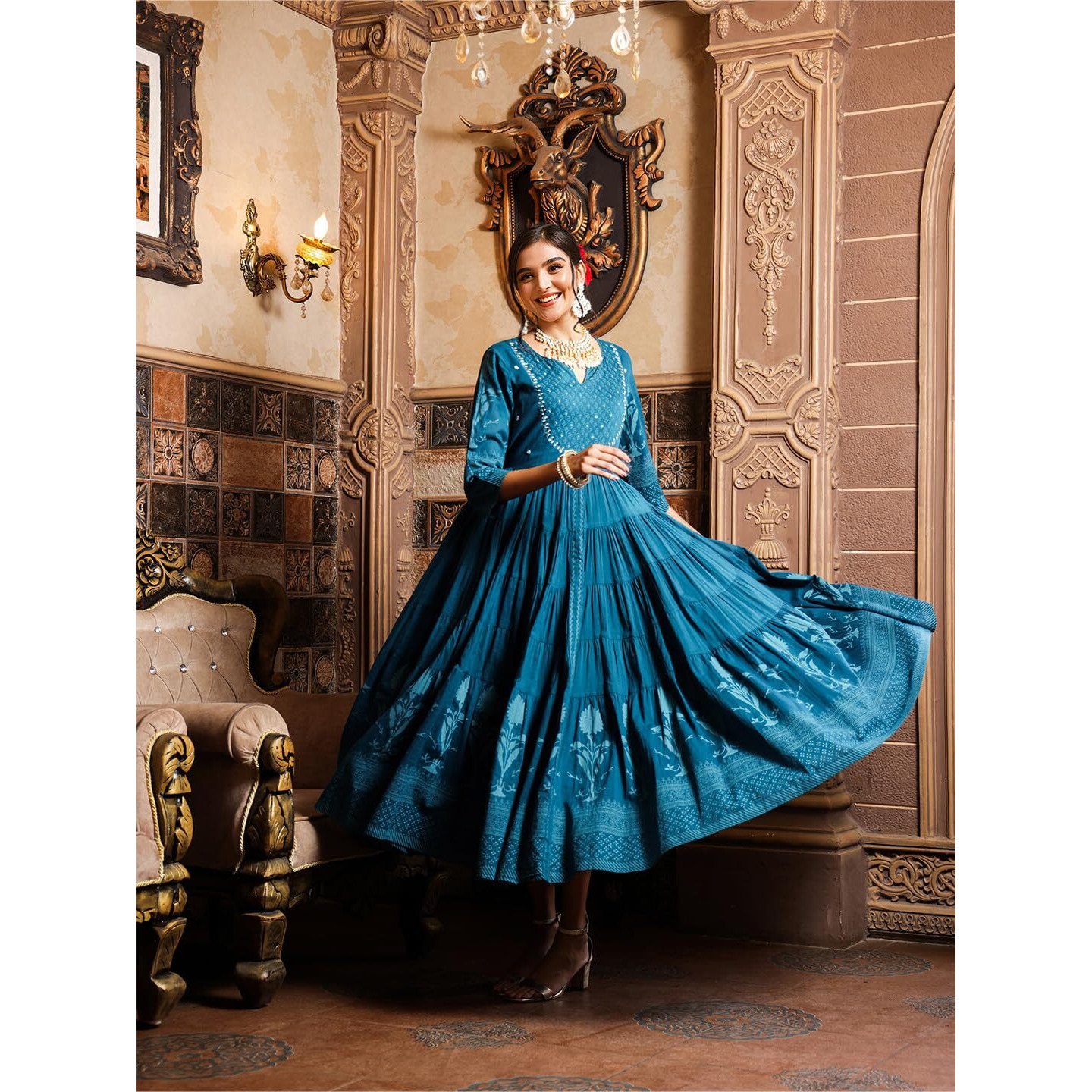 Ishin Teal Floral Printed Embellished Anarkali Dress With Tie-Up