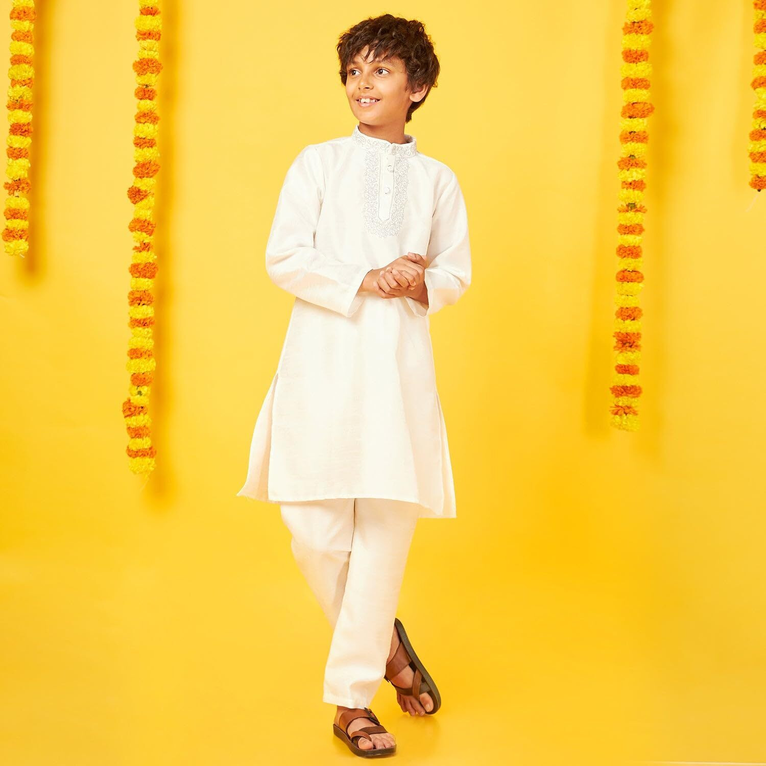 Bon Organik White Silk Kurta With Pajama Set For Boy