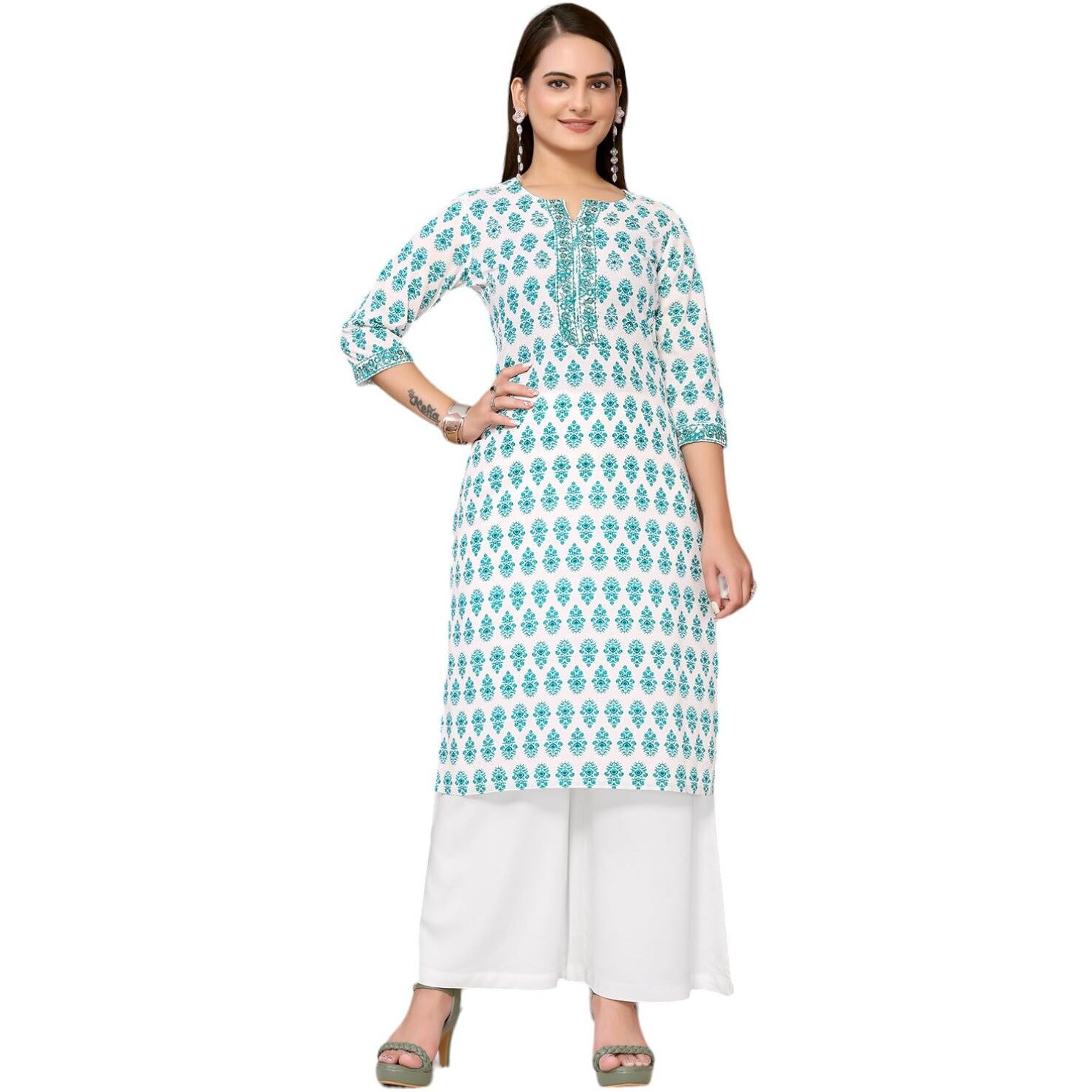 Rangita Turquoise Cotton Knee Length Embroidered Straight Kurti For Women | Kurta For Women_L