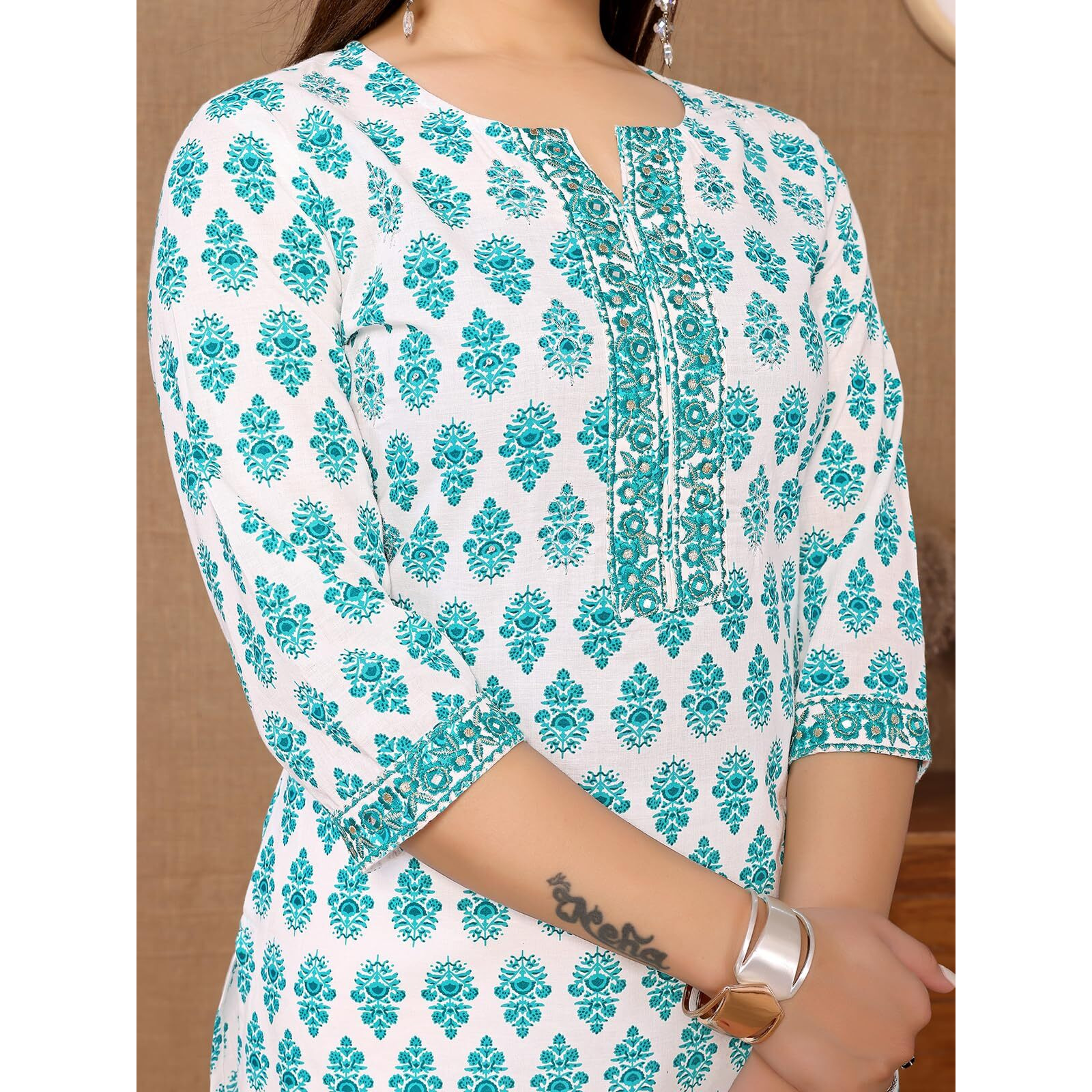 Rangita Turquoise Cotton Knee Length Embroidered Straight Kurti For Women | Kurta For Women_L