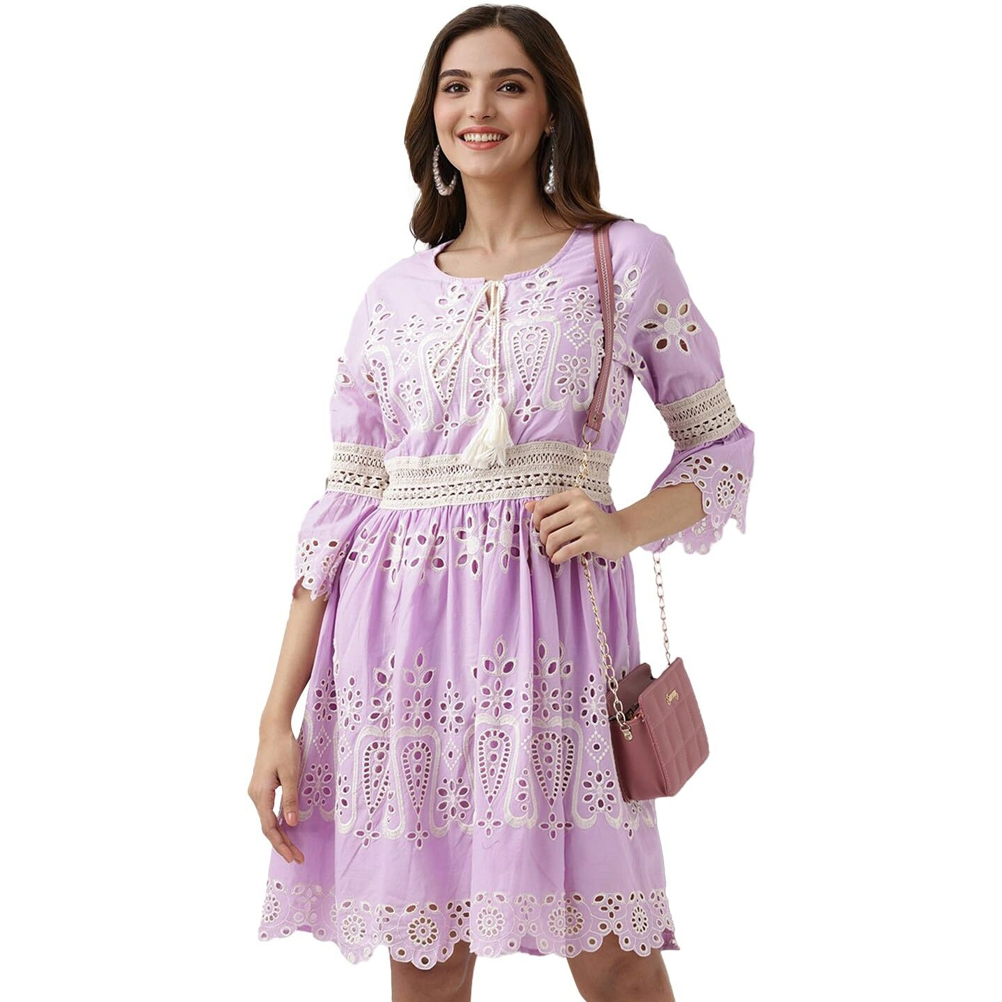 Ishin Schiffli Pure Cotton A-Line Dress Lilac