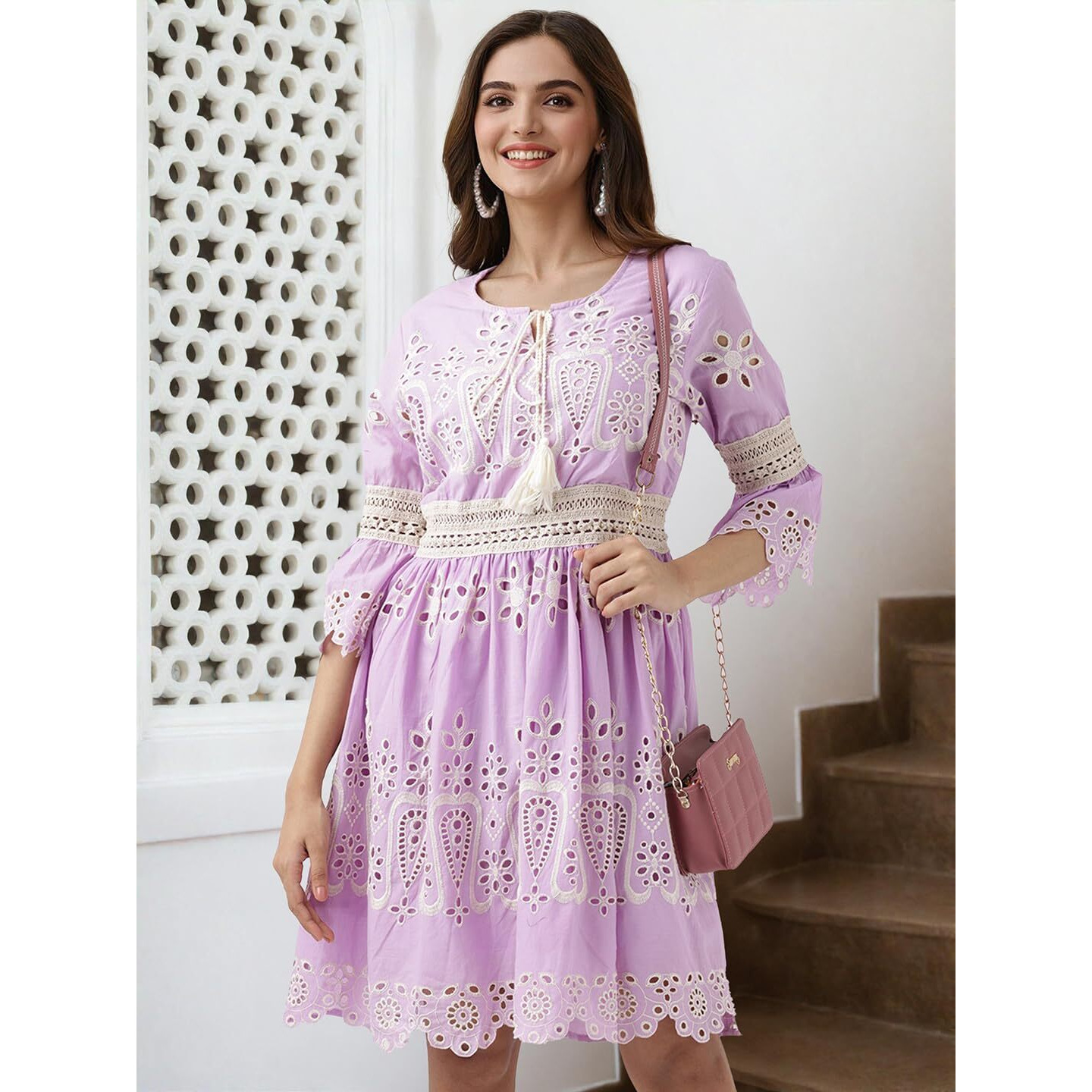 Ishin Schiffli Pure Cotton A-Line Dress Lilac