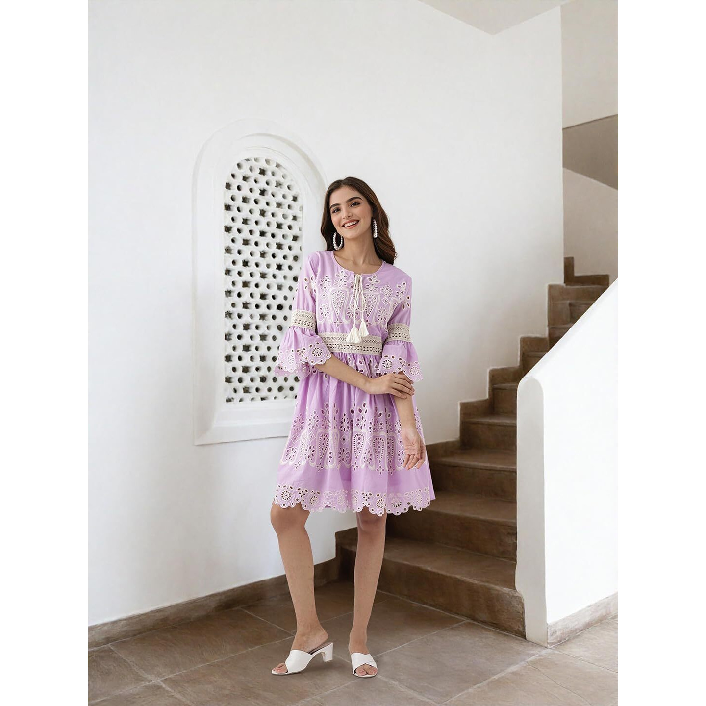 Ishin Schiffli Pure Cotton A-Line Dress Lilac